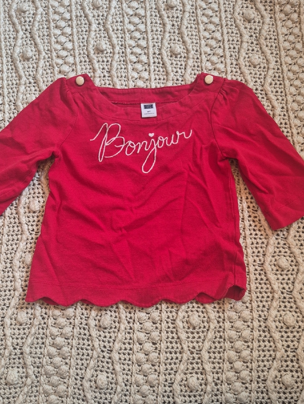 JANIE+JACK Bonjour Tee 2T Embroidered French 3/4 Slv Boatneck Top Scallop Blouse